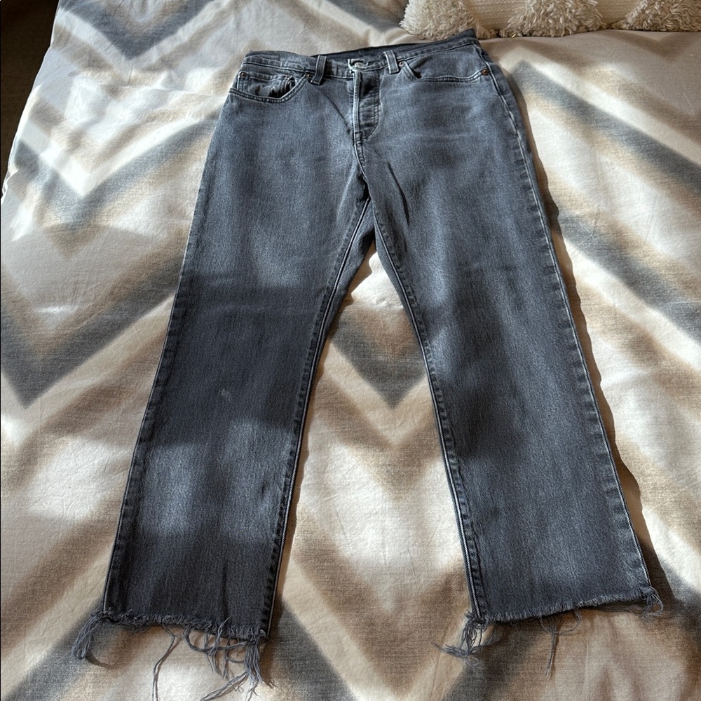 Levi 501 Faded Black Frayed Hem Jeans